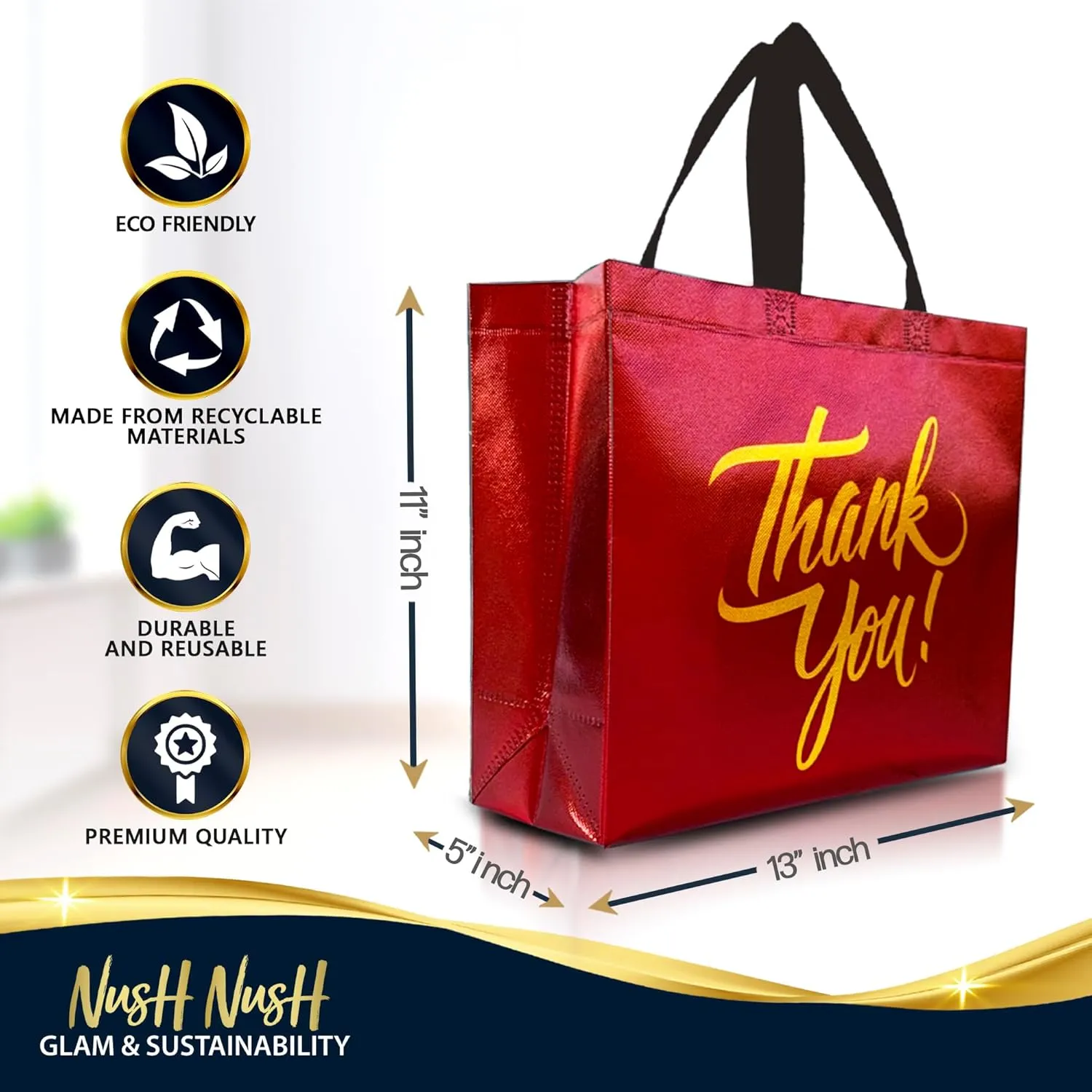 Nush Nush Bulk Large Thank You Gift Bags Set of 12 Reusable Bags From Six Vibrant Colors With a Premium Finish - Perfect as Goodie, Birthday, Party Favor Bags 13x5x11 Size