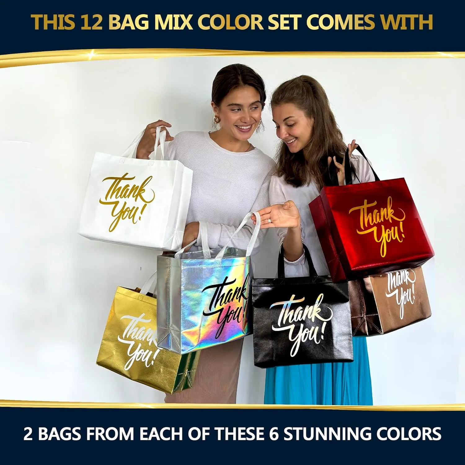 Nush Nush Bulk Large Thank You Gift Bags Set of 12 Reusable Bags From Six Vibrant Colors With a Premium Finish - Perfect as Goodie, Birthday, Party Favor Bags 13x5x11 Size