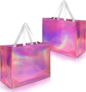 Nush Nush Extra Large Holographic Pink Gift Bag Set of 12, Reusable Pink Iridescent Gift Bags with Handles - Party Favor Bags for Birthdays, Baby Shower, Bachelorette Party - 15.5W x 6D x 12H Size