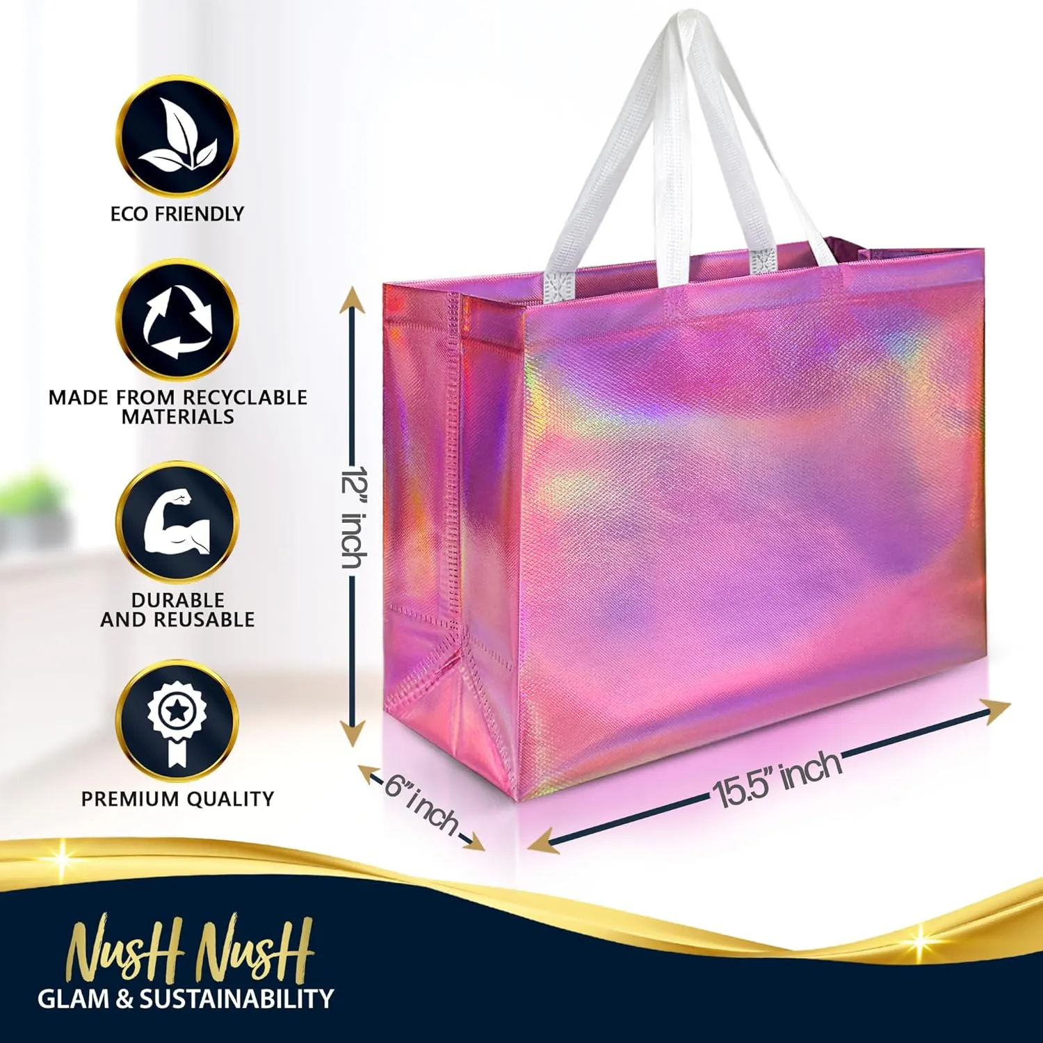Nush Nush Extra Large Holographic Pink Gift Bag Set of 12, Reusable Pink Iridescent Gift Bags with Handles - Party Favor Bags for Birthdays, Baby Shower, Bachelorette Party - 15.5W x 6D x 12H Size