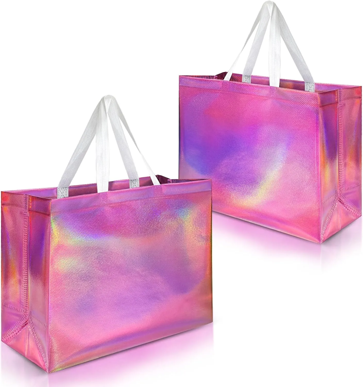 Nush Nush Extra Large Holographic Pink Gift Bag Set of 12, Reusable Pink Iridescent Gift Bags with Handles - Party Favor Bags for Birthdays, Baby Shower, Bachelorette Party - 15.5W x 6D x 12H Size