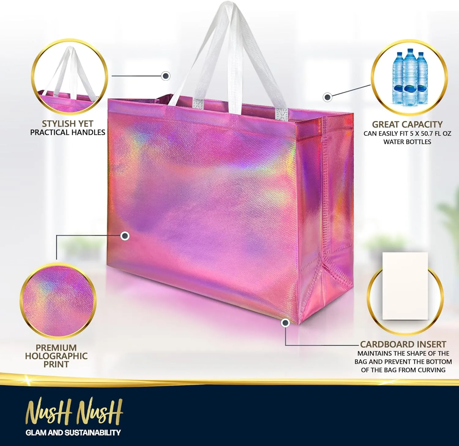Nush Nush Extra Large Holographic Pink Gift Bag Set of 12, Reusable Pink Iridescent Gift Bags with Handles - Party Favor Bags for Birthdays, Baby Shower, Bachelorette Party - 15.5W x 6D x 12H Size