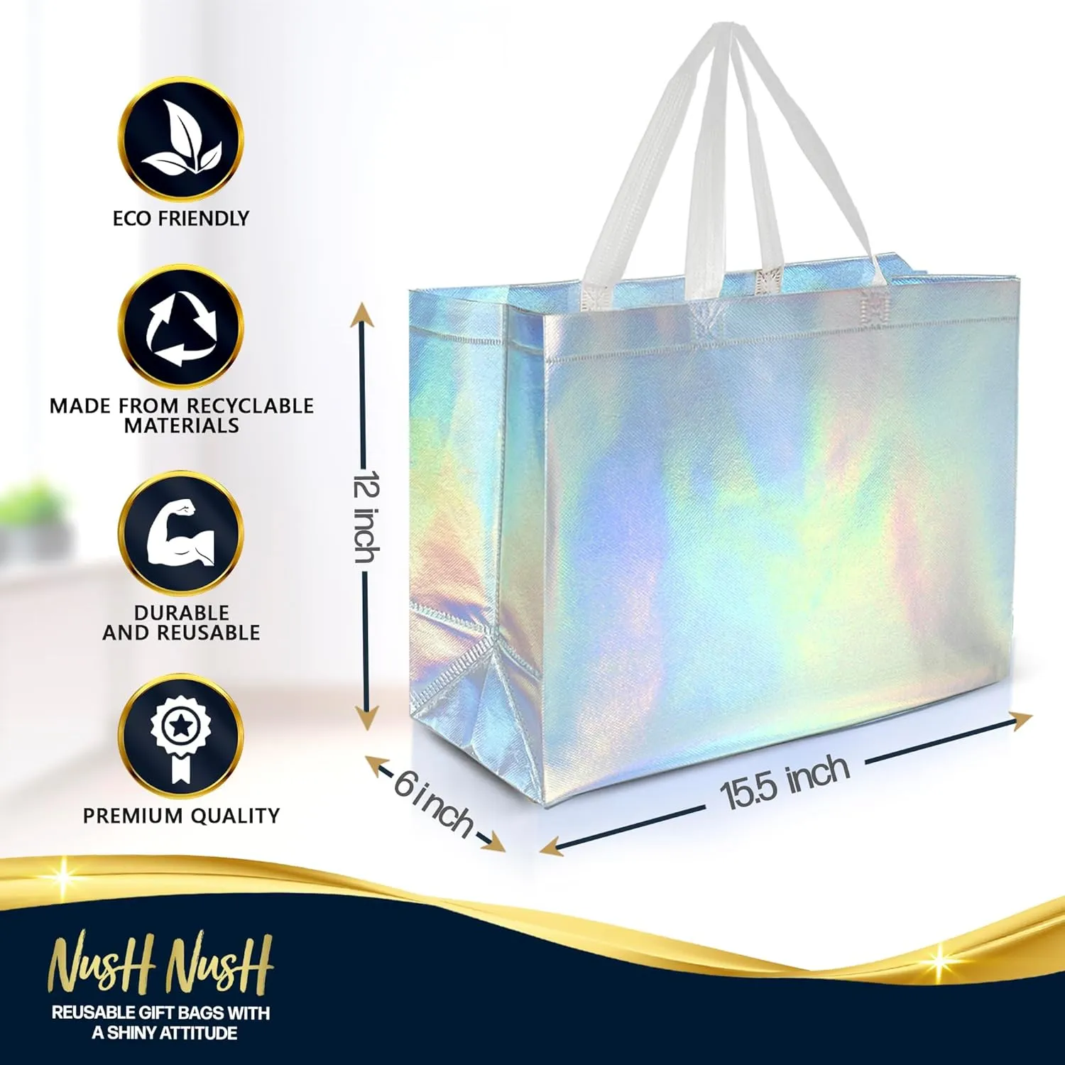 Nush Nush Iridescent Gift Bags - Extra Large, Reusable Holographic Set of 12 - Perfect for Goodie, Birthday & Party Favor Bags - 15.5Wx6Dx12H