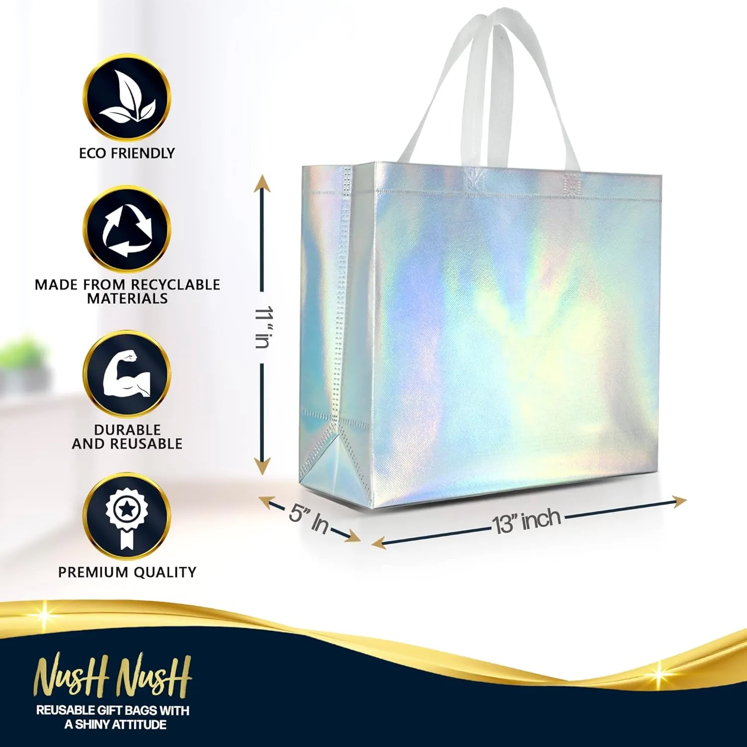 Nush Nush Iridescent Gift Bags Large Size – Set of 12 Holographic Reusable Gift Bags With Handles - Ideal As Bridesmaids, Bachelorette, Birthday Gift Bags Bulk, Goodie Bags, Party Favor Bags – 13x5x11