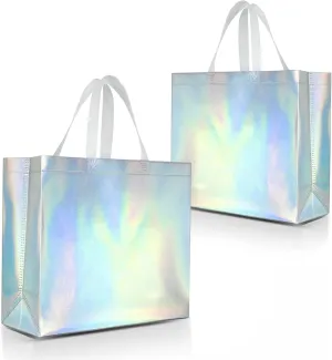 Nush Nush Iridescent Gift Bags Large Size – Set of 12 Holographic Reusable Gift Bags With Handles - Ideal As Bridesmaids, Bachelorette, Birthday Gift Bags Bulk, Goodie Bags, Party Favor Bags – 13x5x11