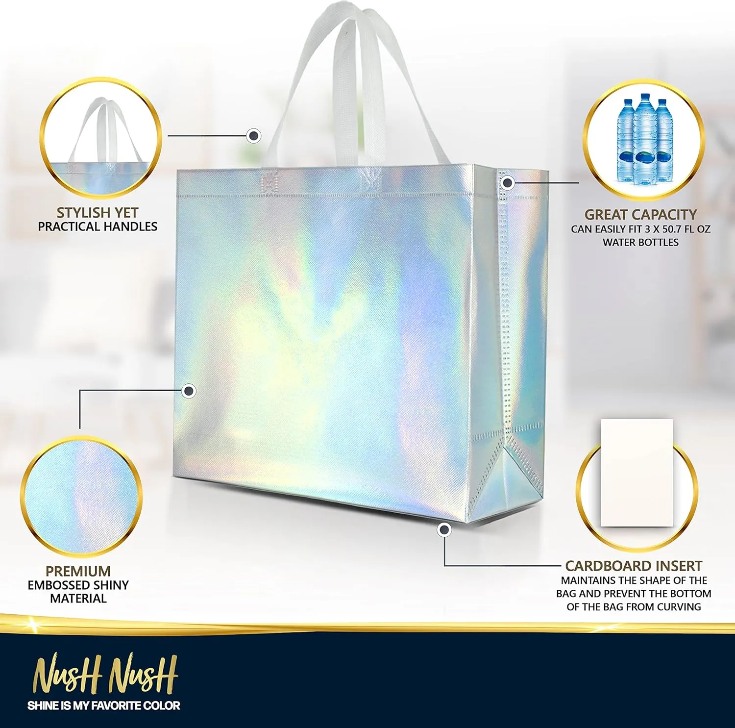 Nush Nush Iridescent Gift Bags Large Size – Set of 12 Holographic Reusable Gift Bags With Handles - Ideal As Bridesmaids, Bachelorette, Birthday Gift Bags Bulk, Goodie Bags, Party Favor Bags – 13x5x11