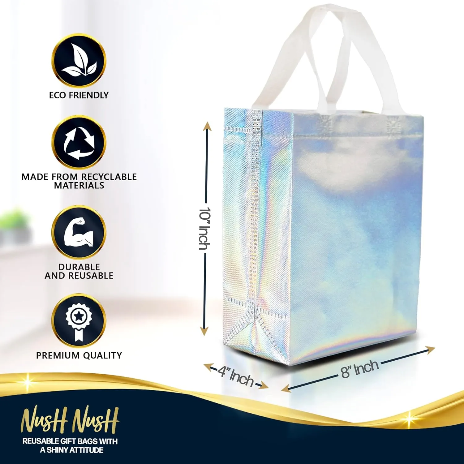 Nush Nush Iridescent Gift Bags Medium Size – Set of 12 Holographic Reusable Gift Bags With Handles - Ideal As Bridesmaids, Bachelorette, Birthday Gift Bags Bulk, Goodie Bags, Party Favor Bags – 8x4x10