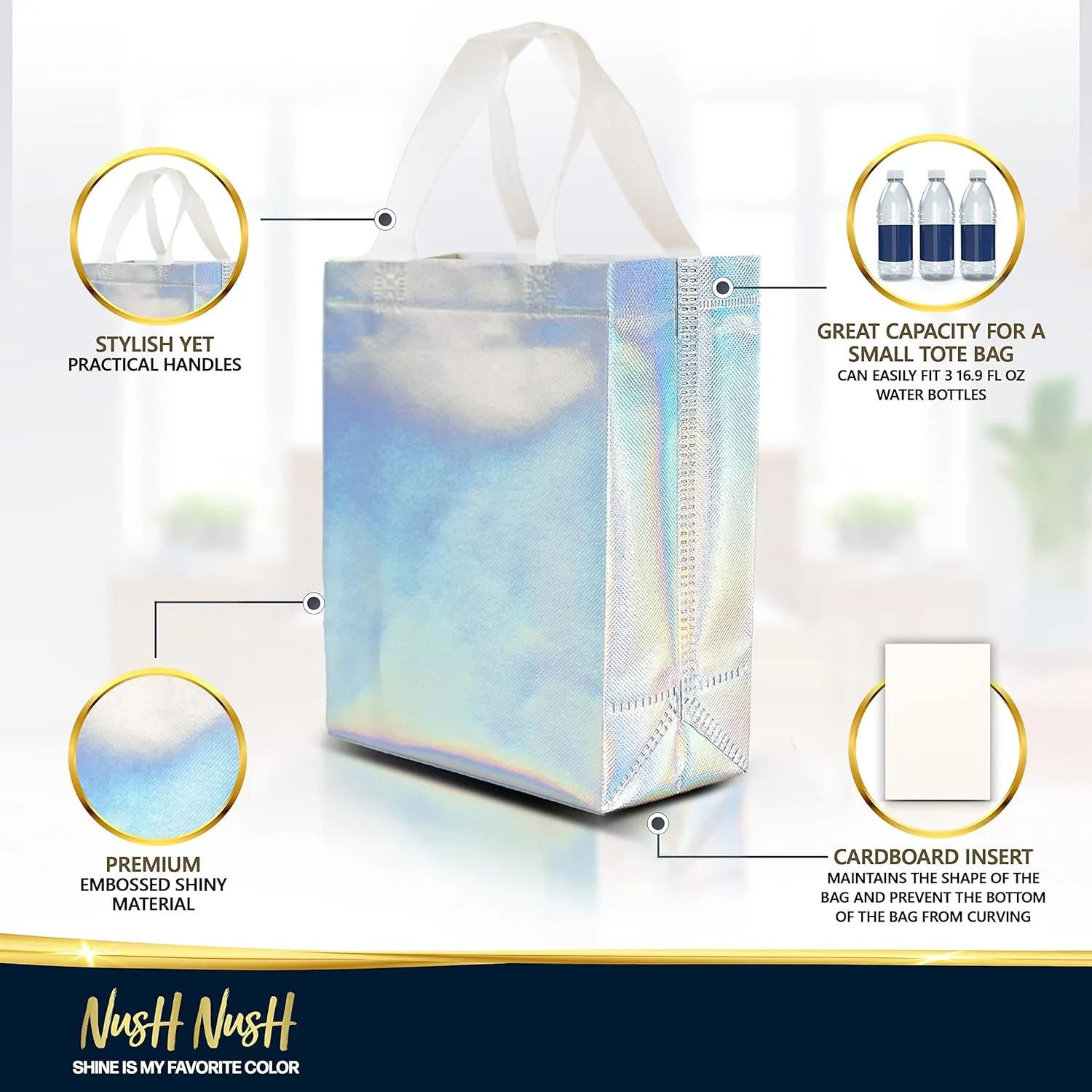 Nush Nush Iridescent Gift Bags Medium Size – Set of 12 Holographic Reusable Gift Bags With Handles - Ideal As Bridesmaids, Bachelorette, Birthday Gift Bags Bulk, Goodie Bags, Party Favor Bags – 8x4x10