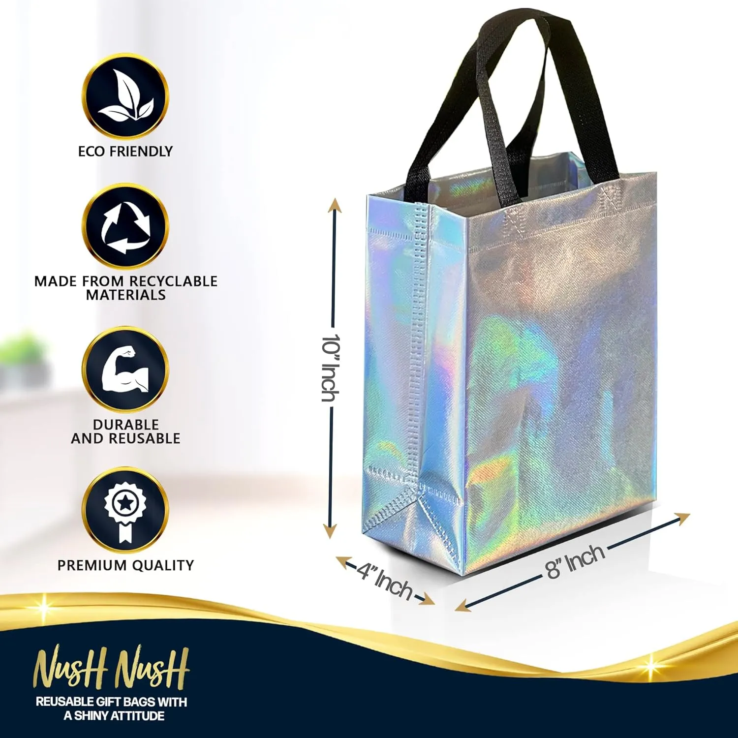 Nush Nush Iridescent Gift Bags Medium Size – Set of 12 Stunning Holographic Silver Reusable Gift Bags in Bulk - Goodie Bags, Birthday Gift Bags With Handles, Party Favor Bags, present bags – 8Wx4Dx10H