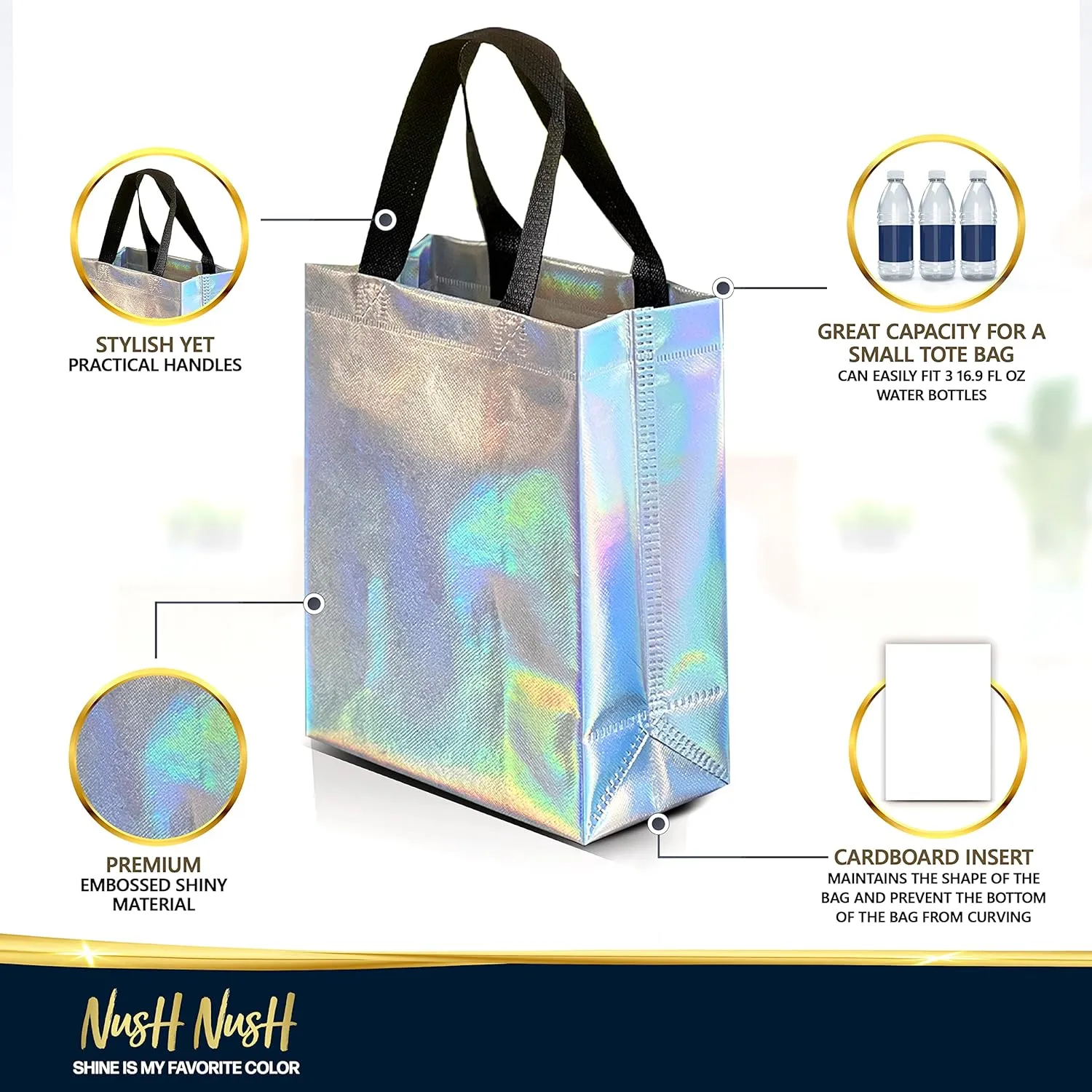 Nush Nush Iridescent Gift Bags Medium Size – Set of 12 Stunning Holographic Silver Reusable Gift Bags in Bulk - Goodie Bags, Birthday Gift Bags With Handles, Party Favor Bags, present bags – 8Wx4Dx10H