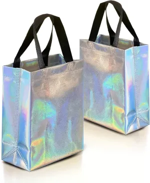 Nush Nush Iridescent Gift Bags Medium Size – Set of 12 Stunning Holographic Silver Reusable Gift Bags in Bulk - Goodie Bags, Birthday Gift Bags With Handles, Party Favor Bags, present bags – 8Wx4Dx10H