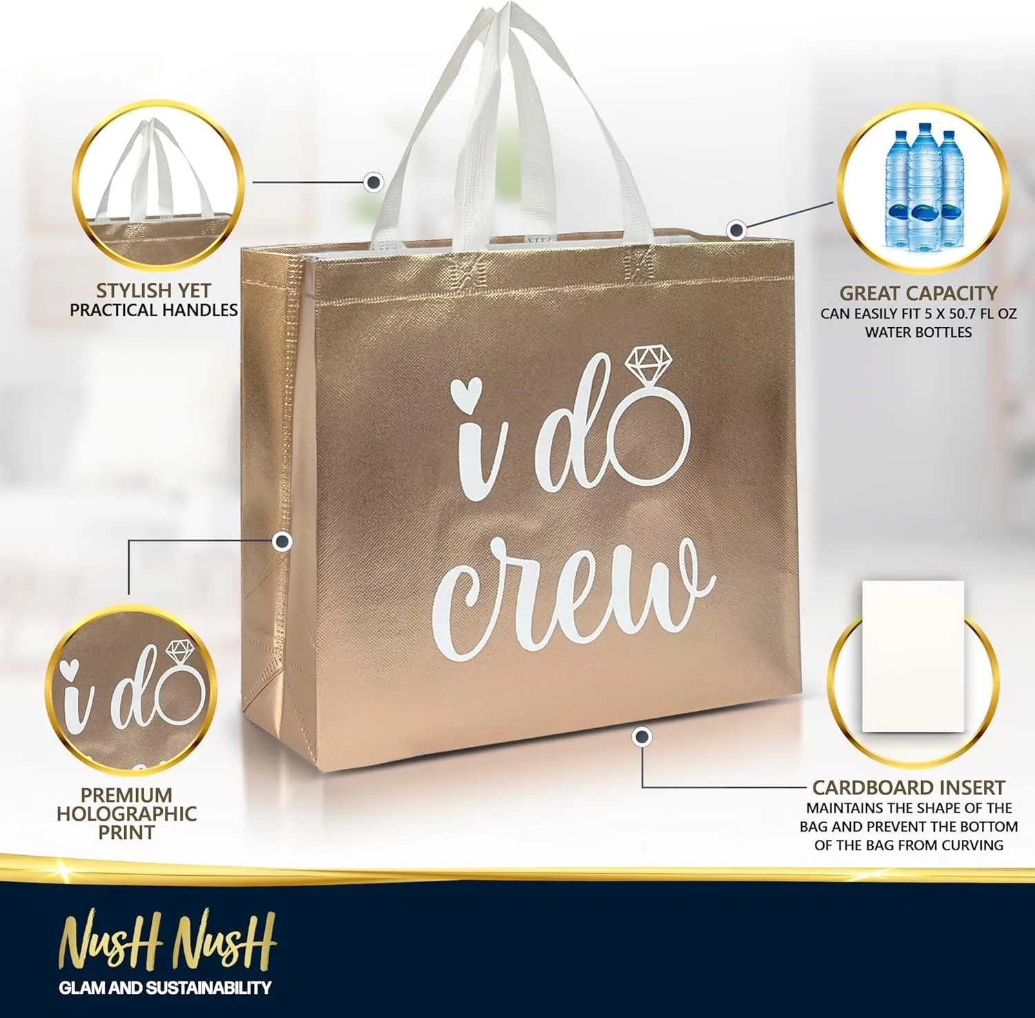 Nush Nush Set of 12 Reusable Rose Gold Bridesmaids Gift Bags In Bulk With 3 x Bride and 9 x I Do Crew Bags - Wedding Favors, Bachelorette Party, Bridesmaid Gifts, Bridal Shower - 11" x 5" x 13" Size