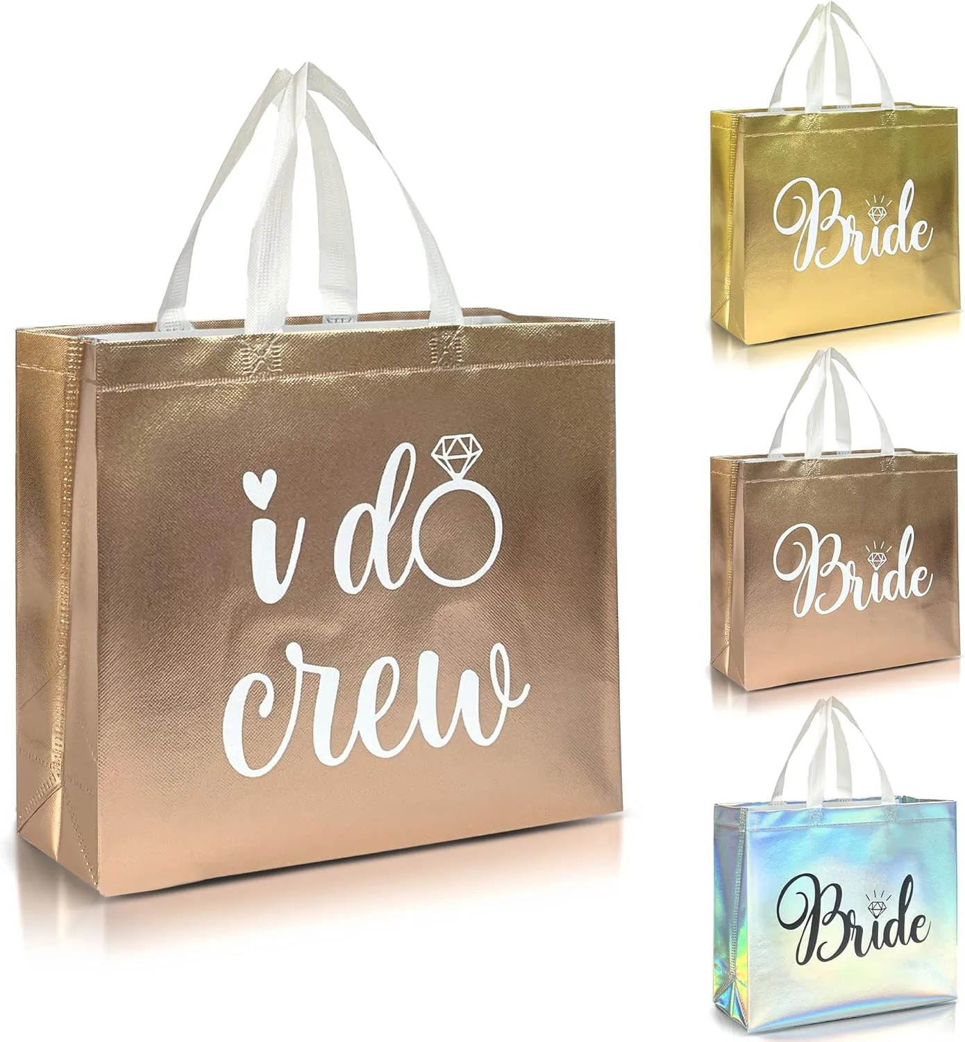 Nush Nush Set of 12 Reusable Rose Gold Bridesmaids Gift Bags In Bulk With 3 x Bride and 9 x I Do Crew Bags - Wedding Favors, Bachelorette Party, Bridesmaid Gifts, Bridal Shower - 11" x 5" x 13" Size