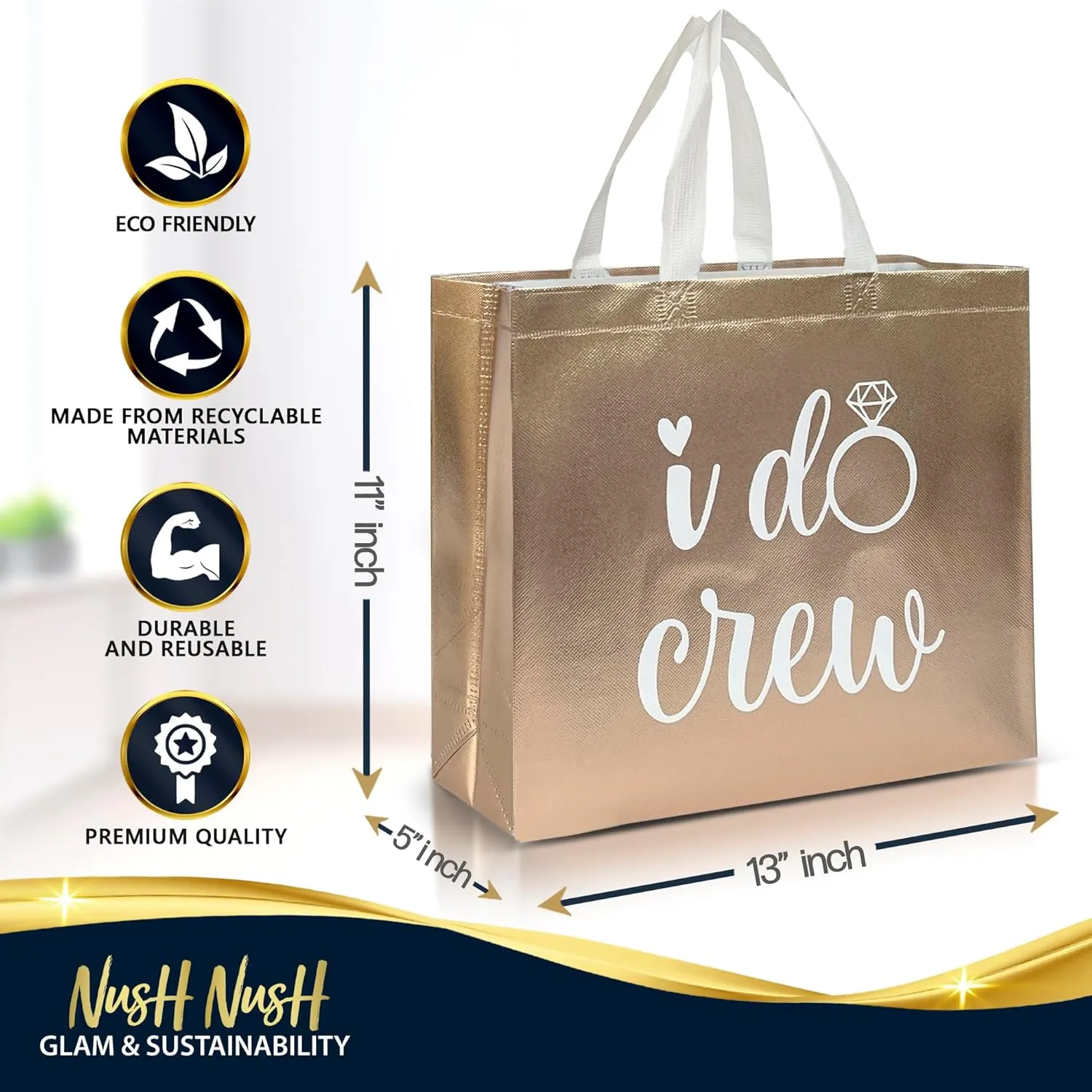 Nush Nush Set of 12 Reusable Rose Gold Bridesmaids Gift Bags In Bulk With 3 x Bride and 9 x I Do Crew Bags - Wedding Favors, Bachelorette Party, Bridesmaid Gifts, Bridal Shower - 11" x 5" x 13" Size