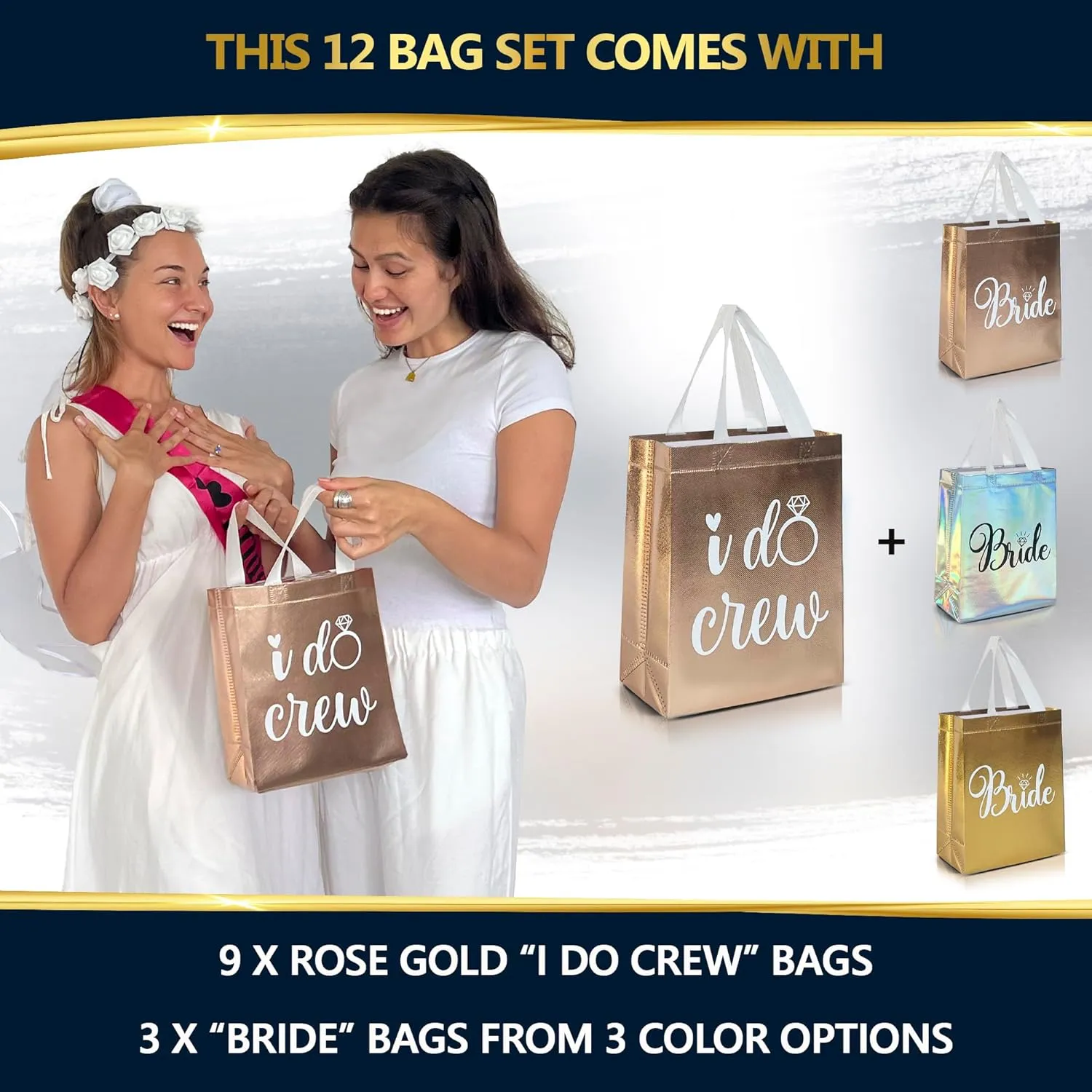 Nush Nush Set of 12 Reusable Rose Gold Bridesmaids Gift Bags - With 3 x Bride and 9 x I Do Crew Party Favor Bags - Wedding Favors, Bachelorette Party, Bridesmaid Gifts, Bridal Shower - 8" x 4" x10"