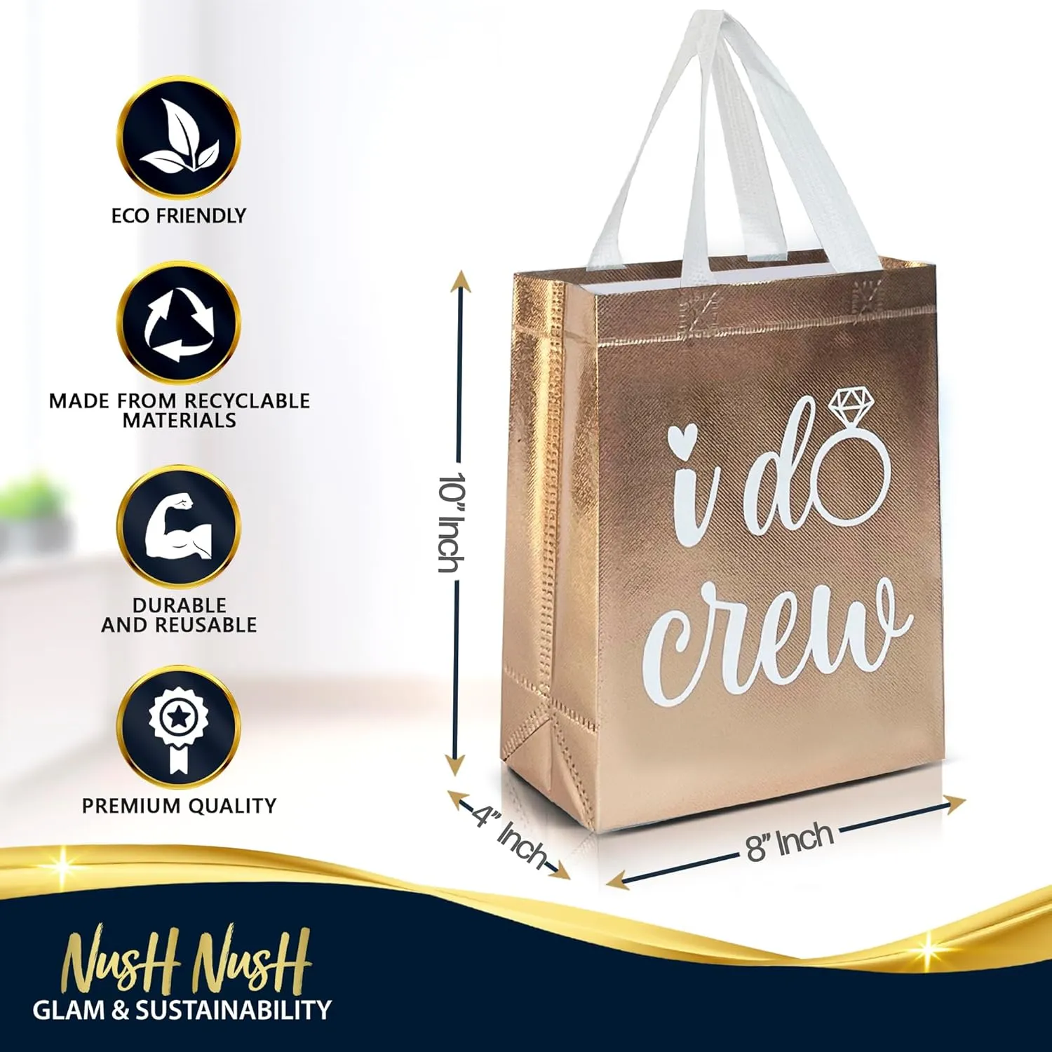 Nush Nush Set of 12 Reusable Rose Gold Bridesmaids Gift Bags - With 3 x Bride and 9 x I Do Crew Party Favor Bags - Wedding Favors, Bachelorette Party, Bridesmaid Gifts, Bridal Shower - 8" x 4" x10"