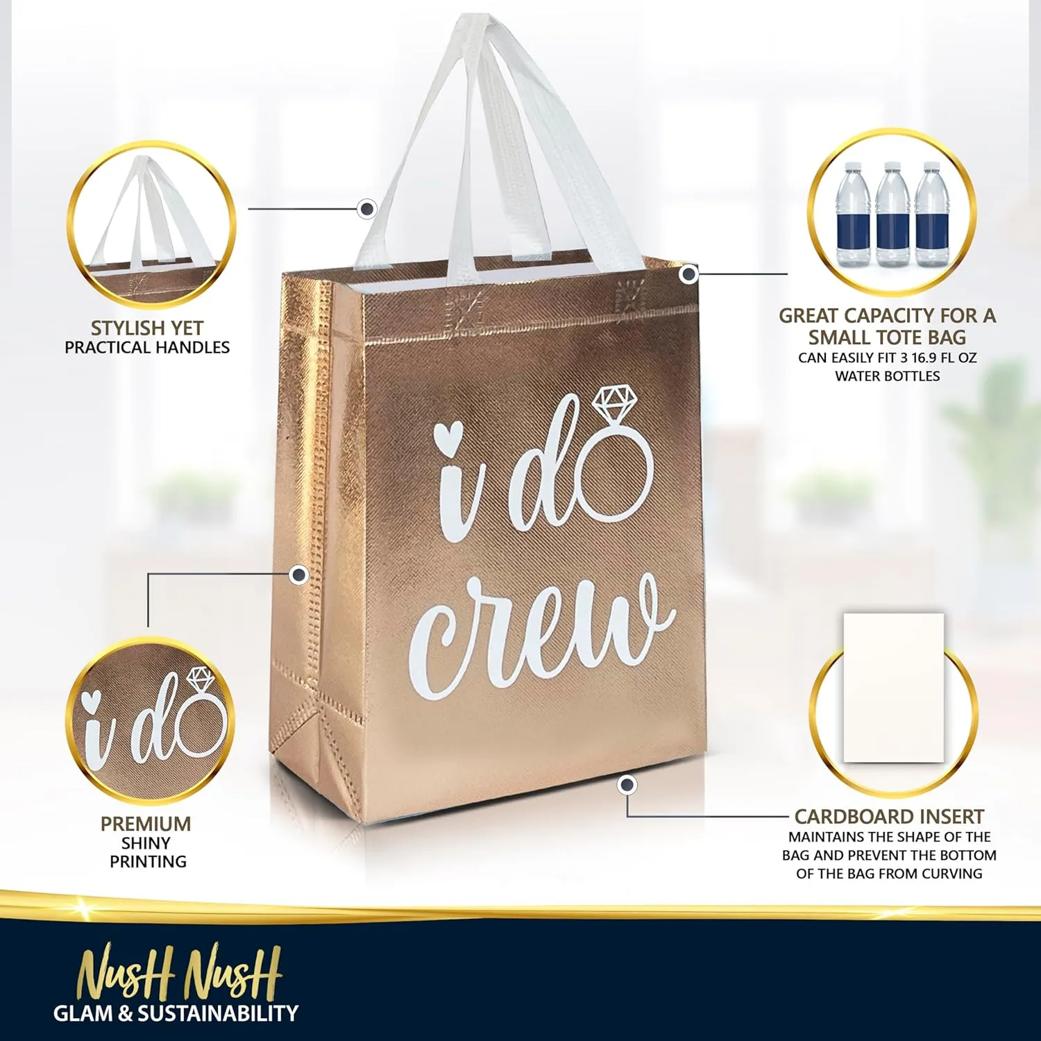 Nush Nush Set of 12 Reusable Rose Gold Bridesmaids Gift Bags - With 3 x Bride and 9 x I Do Crew Party Favor Bags - Wedding Favors, Bachelorette Party, Bridesmaid Gifts, Bridal Shower - 8" x 4" x10"