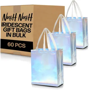 Nush Nush Set of 60 Stunning Iridescent Holographic Gift Bags, Reusable With White Handles, Medium Size, Perfect As Goodie/Birthday Gift Bags, Party Favor Bags, 8Wx4Dx10H Size