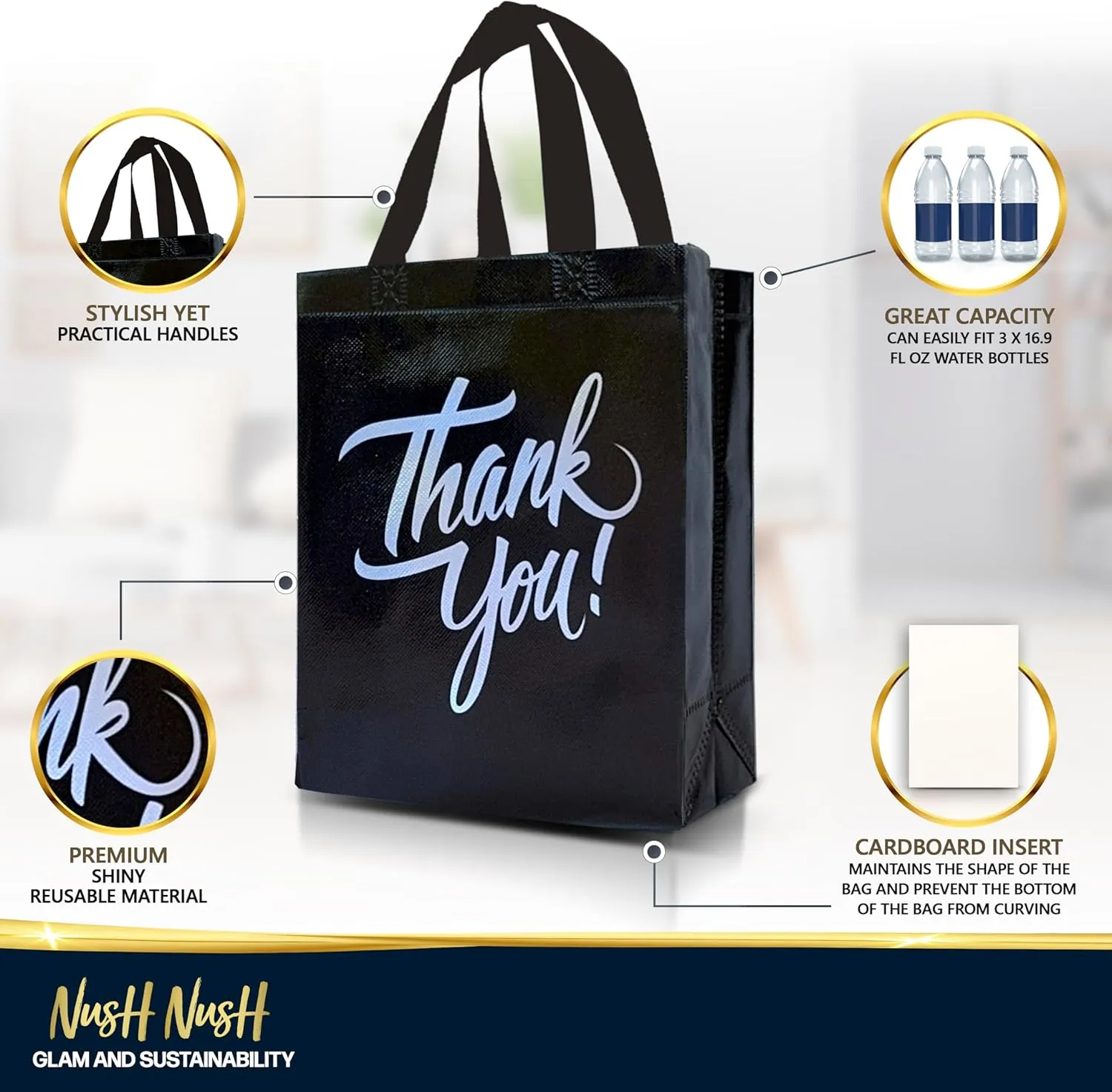 Nush Nush Thank You Gift Bags Bulk Medium – Set of 12 Reusable Thank You Bags From Six Vibrant Colors With a Premium Finish - Perfect As Goodie Bags, Birthday Bags, Party Favor Bags – 8x4x10 Size