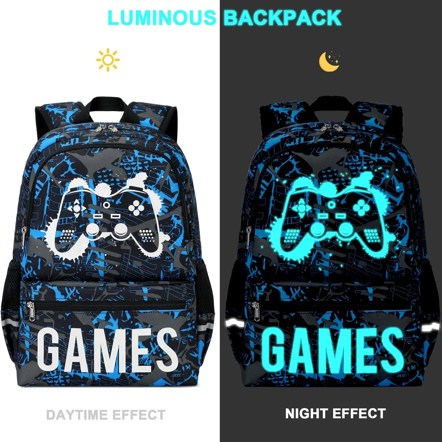 Octsky Kids School Backpack for Boys and Girls, Luminous Backpack with Lunch Box, Gamepad Bookbag School Back Pack
