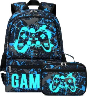 Octsky Kids School Backpack for Boys and Girls, Luminous Backpack with Lunch Box, Gamepad Bookbag School Back Pack
