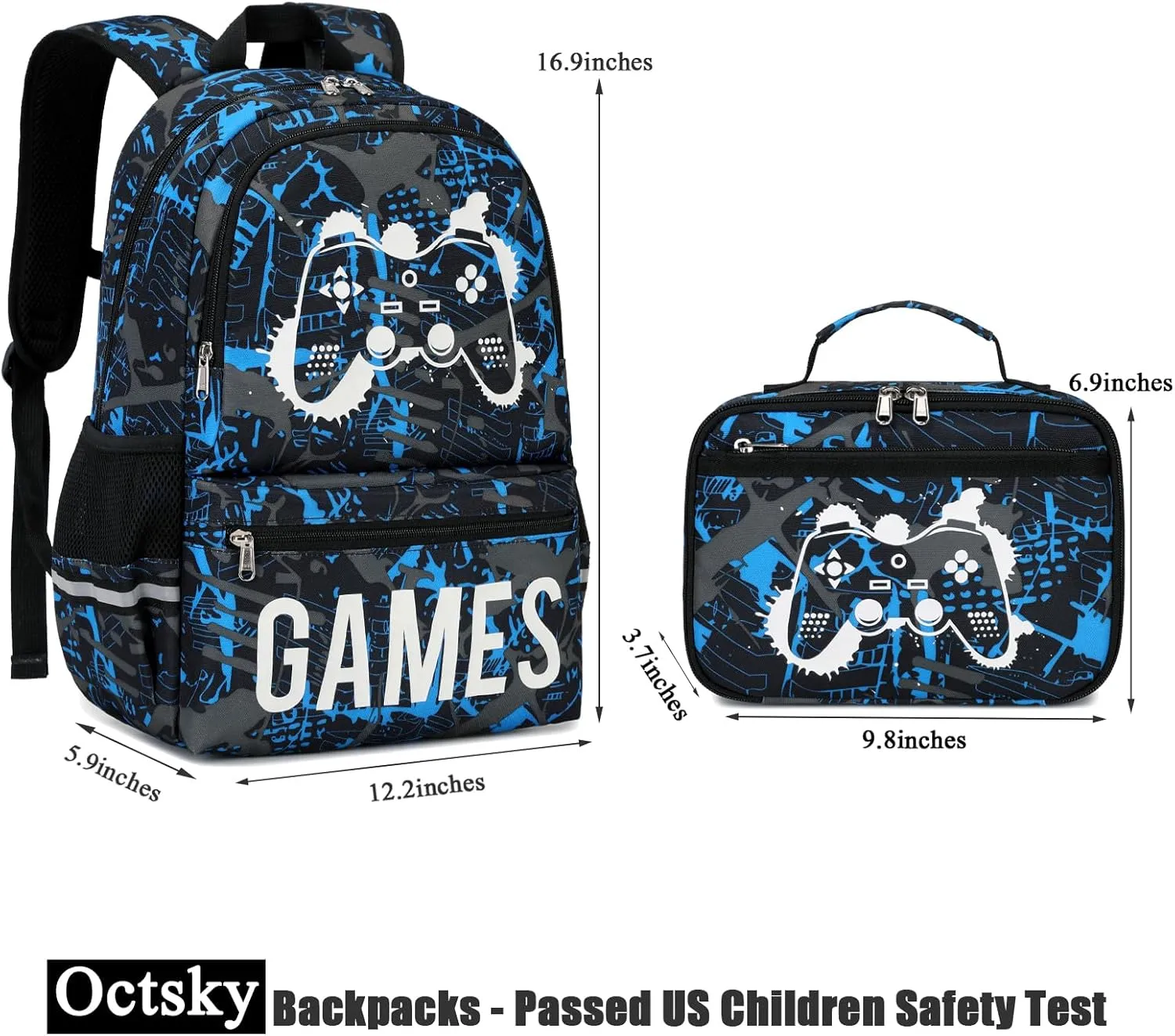 Octsky Kids School Backpack for Boys and Girls, Luminous Backpack with Lunch Box, Gamepad Bookbag School Back Pack