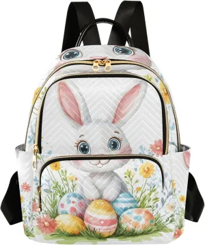 ODAWA Quilted Backpacks Cartoon Easter Bunny with Colorful Eggs Small Backpack Purse Travel Backpack with Luggage Strap