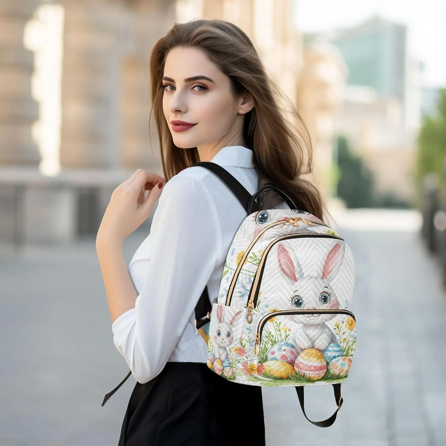 ODAWA Quilted Backpacks Cartoon Easter Bunny with Colorful Eggs Small Backpack Purse Travel Backpack with Luggage Strap
