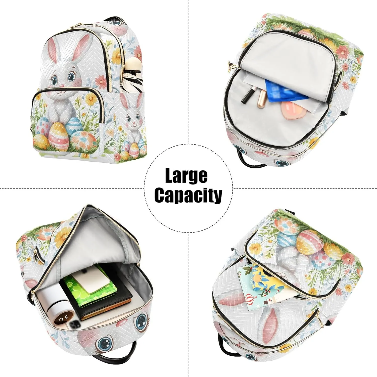 ODAWA Quilted Backpacks Cartoon Easter Bunny with Colorful Eggs Small Backpack Purse Travel Backpack with Luggage Strap