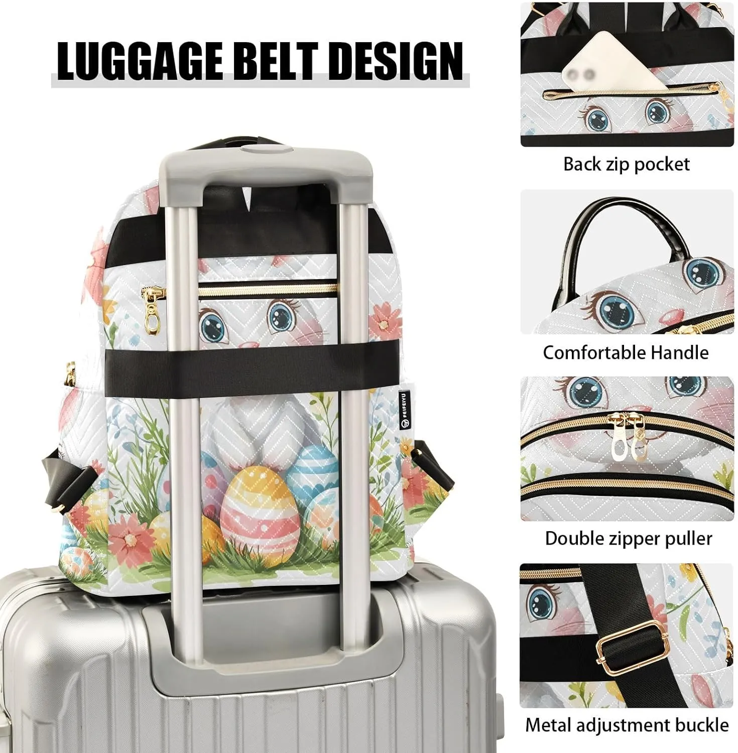 ODAWA Quilted Backpacks Cartoon Easter Bunny with Colorful Eggs Small Backpack Purse Travel Backpack with Luggage Strap