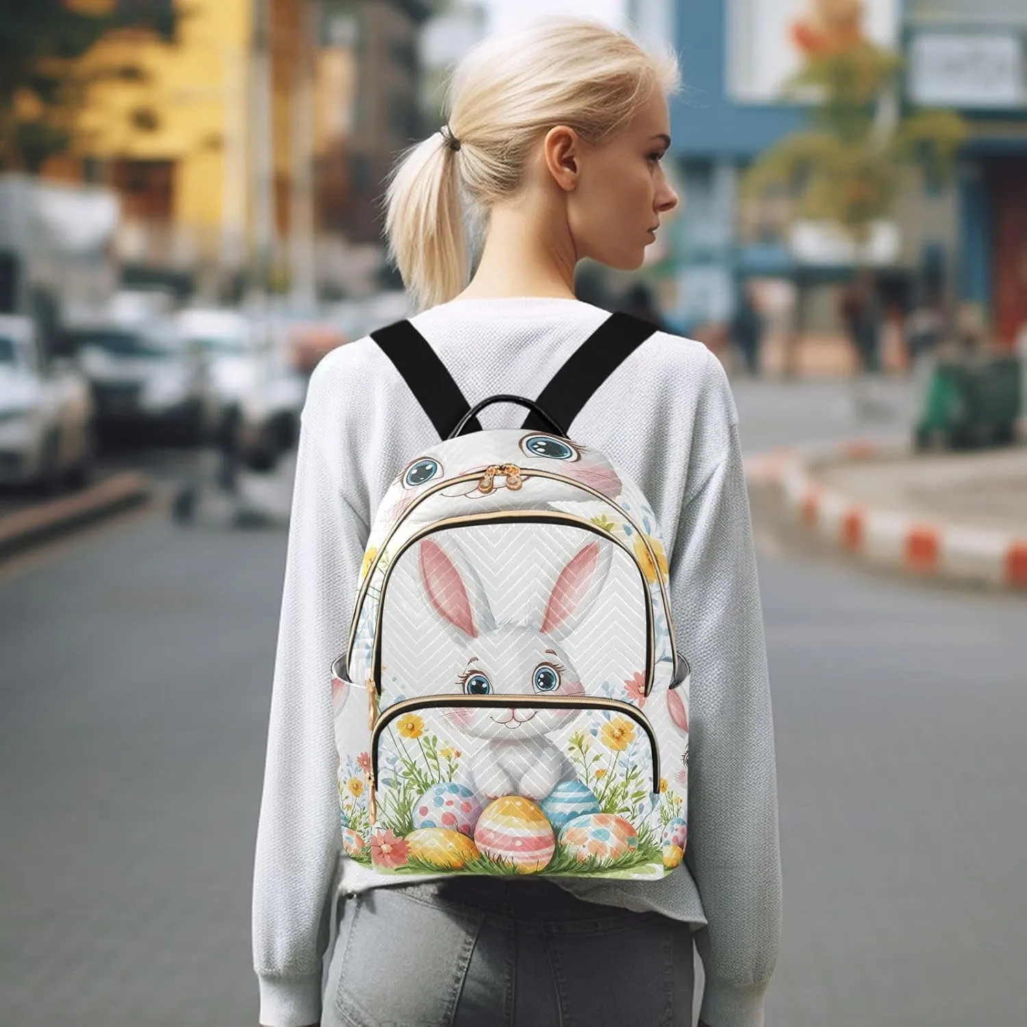 ODAWA Quilted Backpacks Cartoon Easter Bunny with Colorful Eggs Small Backpack Purse Travel Backpack with Luggage Strap