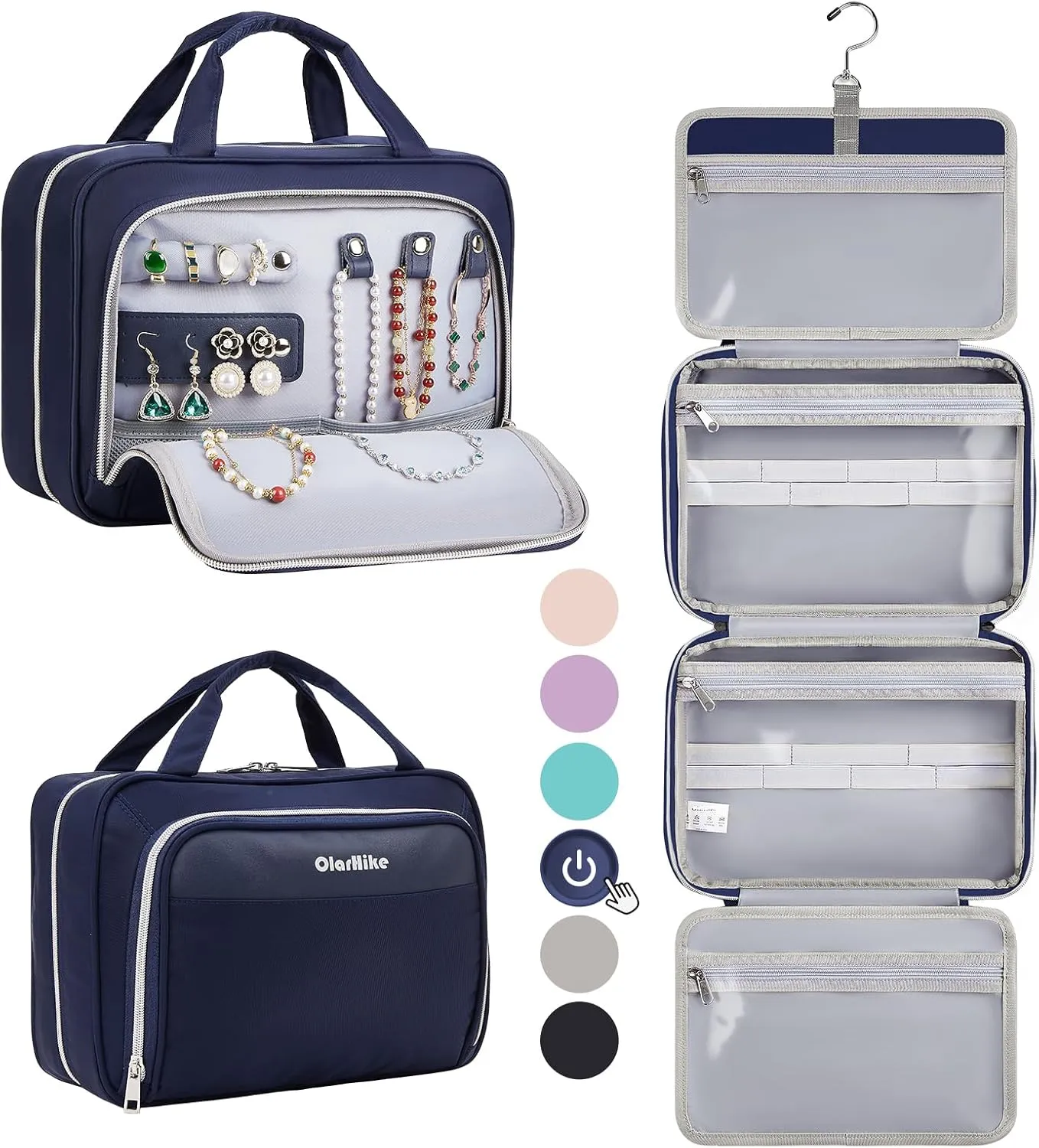 OlarHike Travel Toiletry Hanging Bag Waterproof Bags, Makeup, Toiletries, Jewelry, Cruise Essentials 3 in 1 Packing Organizers, Cosmetic Travel-Sized Container, Medium Capacity for Women Blue