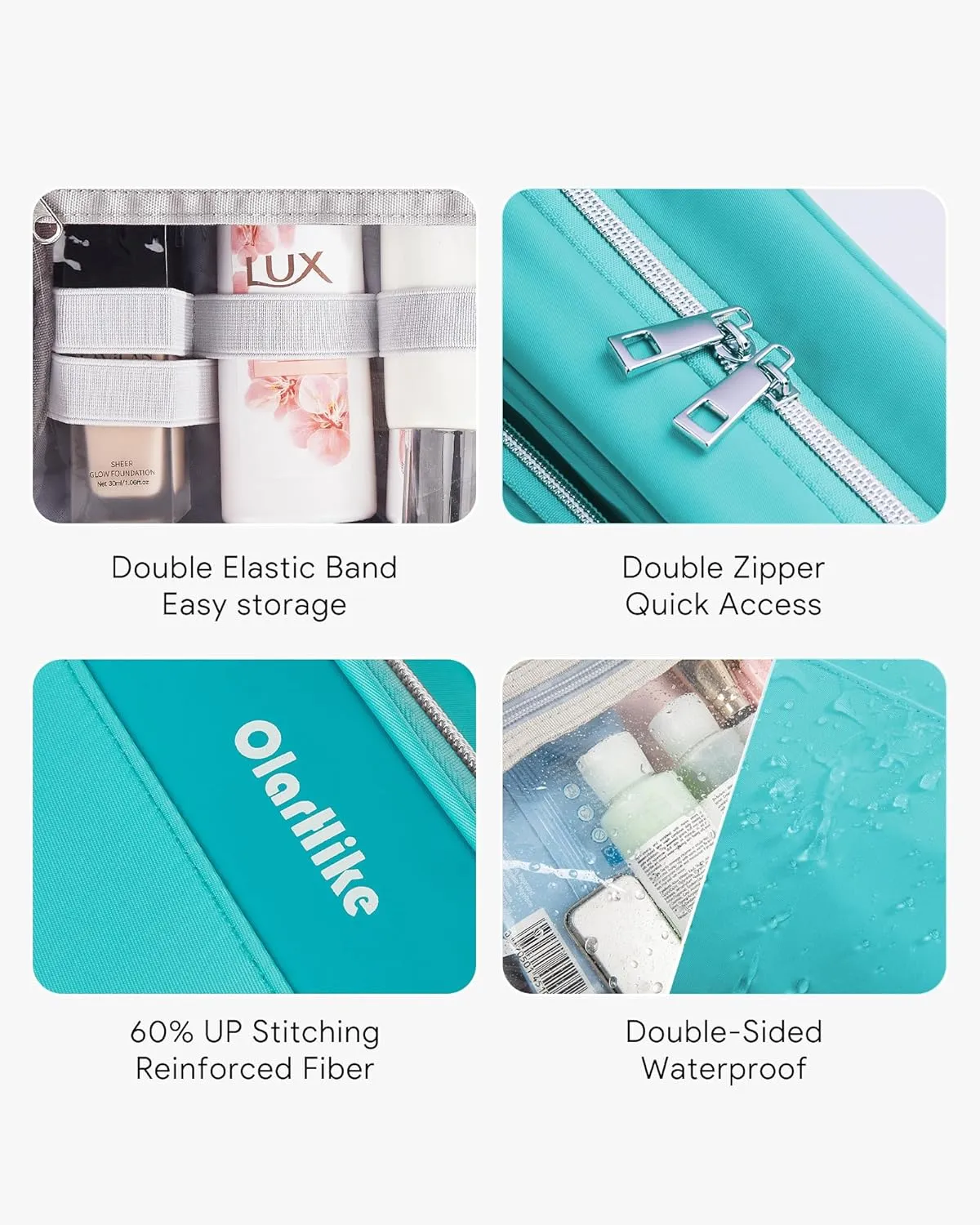 OlarHike Travel Toiletry Hanging Bag Waterproof, Makeup bag, Toiletries, Jewelry, Cruise Essentials 3 in 1 Packing Organizers, Cosmetic Travel-Sized Container, Medium for Women Light Blue