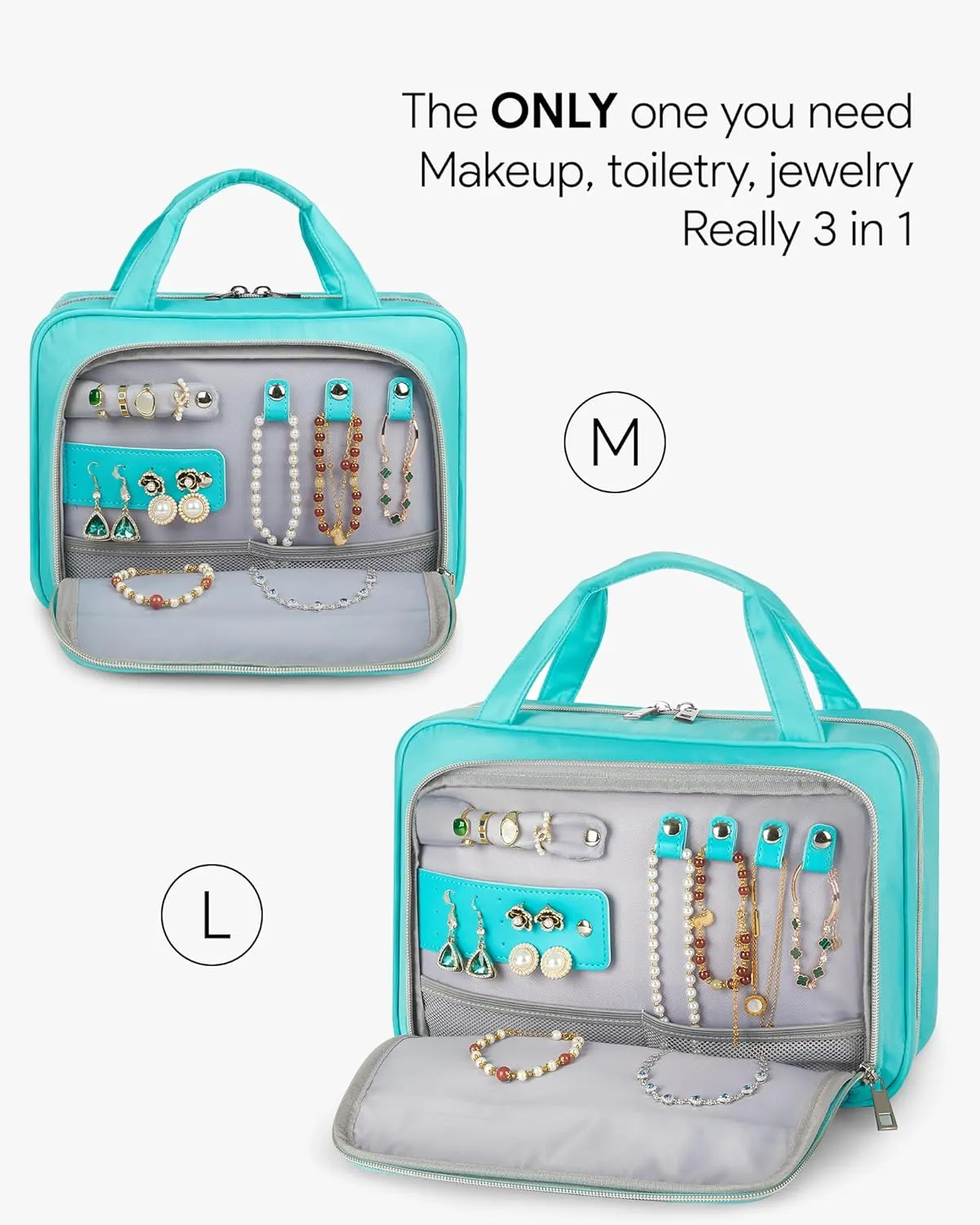 OlarHike Travel Toiletry Hanging Bag Waterproof, Makeup bag, Toiletries, Jewelry, Cruise Essentials 3 in 1 Packing Organizers, Cosmetic Travel-Sized Container, Medium for Women Light Blue