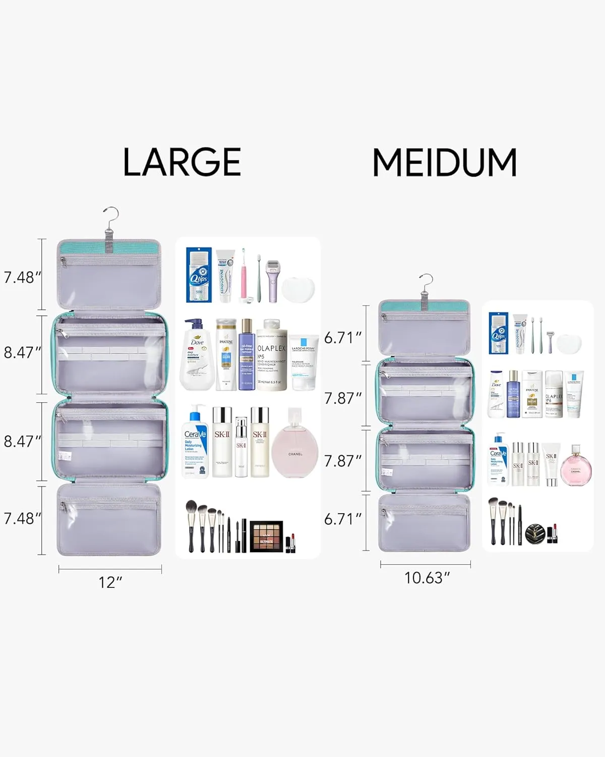 OlarHike Travel Toiletry Hanging Bag Waterproof, Makeup bag, Toiletries, Jewelry, Cruise Essentials 3 in 1 Packing Organizers, Cosmetic Travel-Sized Container, Medium for Women Light Blue