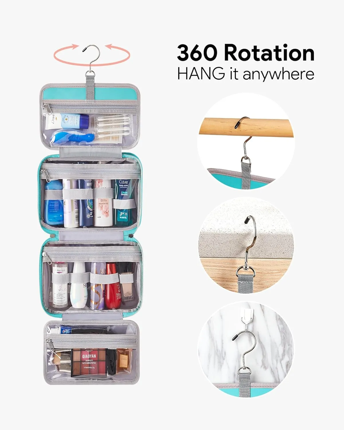 OlarHike Travel Toiletry Hanging Bag Waterproof, Makeup bag, Toiletries, Jewelry, Cruise Essentials 3 in 1 Packing Organizers, Cosmetic Travel-Sized Container, Medium for Women Light Blue