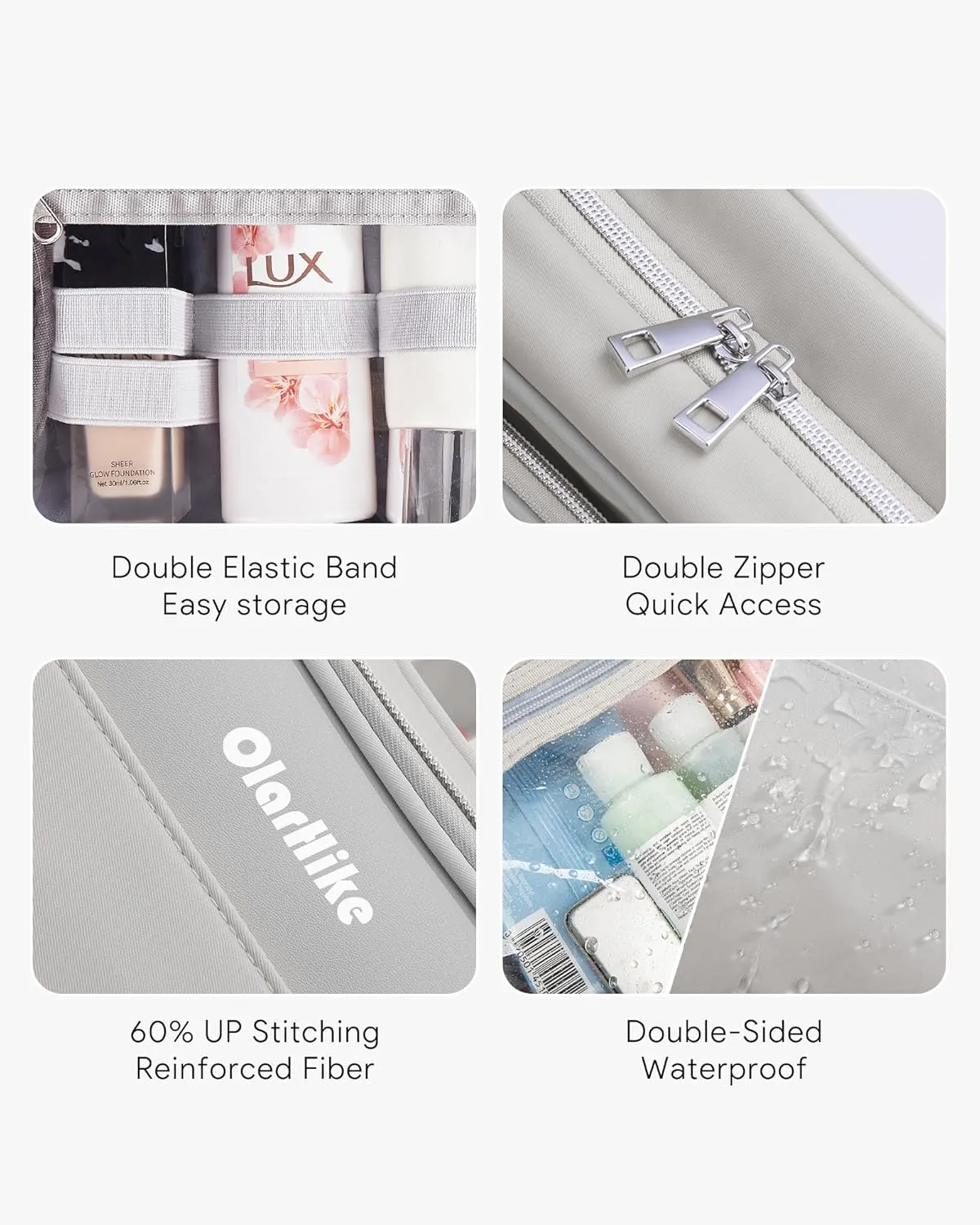 OlarHike Travel Toiletry Hanging Bag Waterproof, Makeup bag, Toiletries, Jewelry, Cruise Essentials 3 in 1 Packing Organizers, Cosmetic Travel-Sized Container, Medium for Women Light Grey