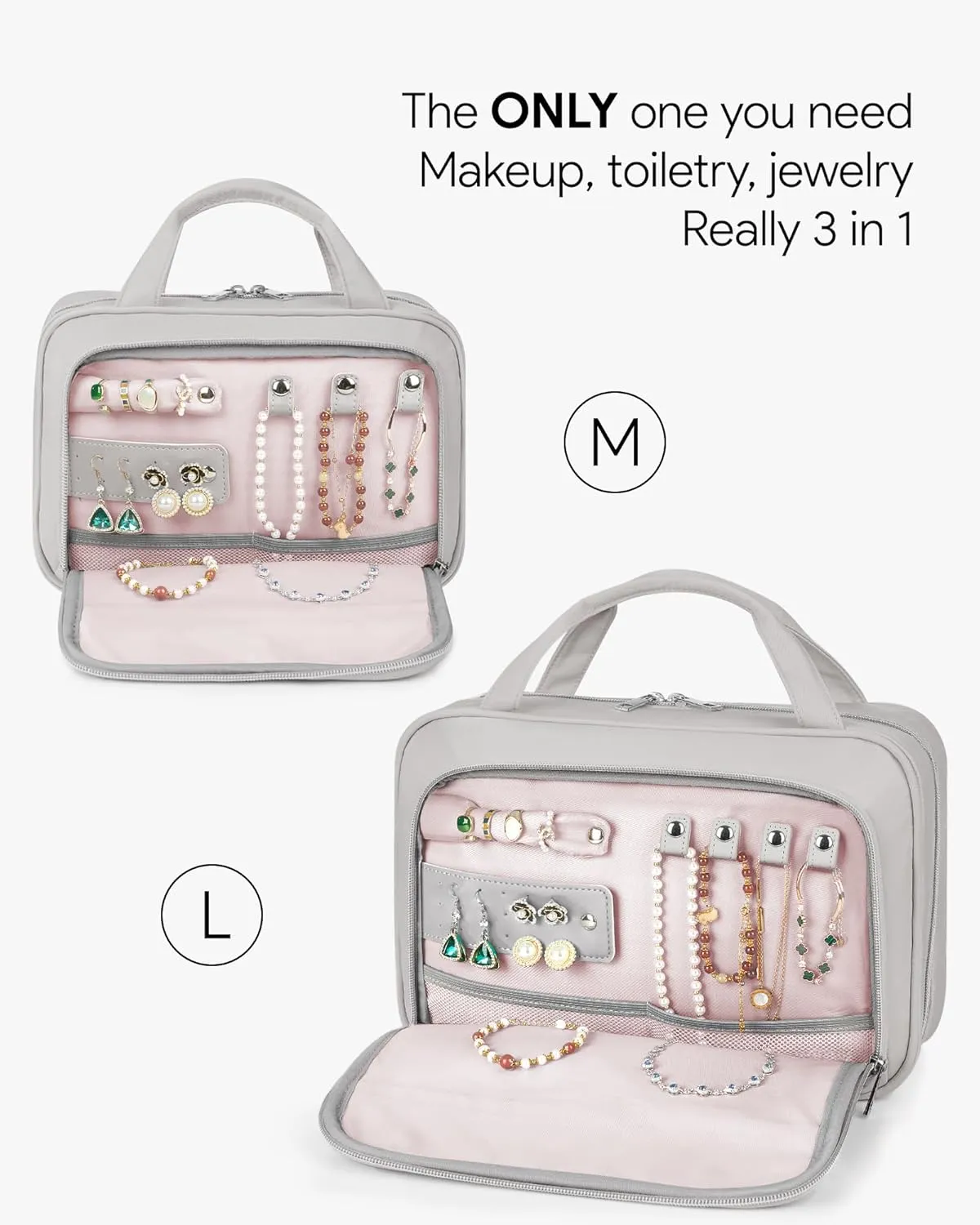 OlarHike Travel Toiletry Hanging Bag Waterproof, Makeup bag, Toiletries, Jewelry, Cruise Essentials 3 in 1 Packing Organizers, Cosmetic Travel-Sized Container, Medium for Women Light Grey