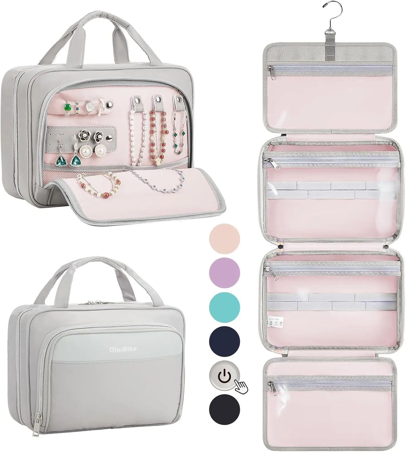 OlarHike Travel Toiletry Hanging Bag Waterproof, Makeup bag, Toiletries, Jewelry, Cruise Essentials 3 in 1 Packing Organizers, Cosmetic Travel-Sized Container, Medium for Women Light Grey