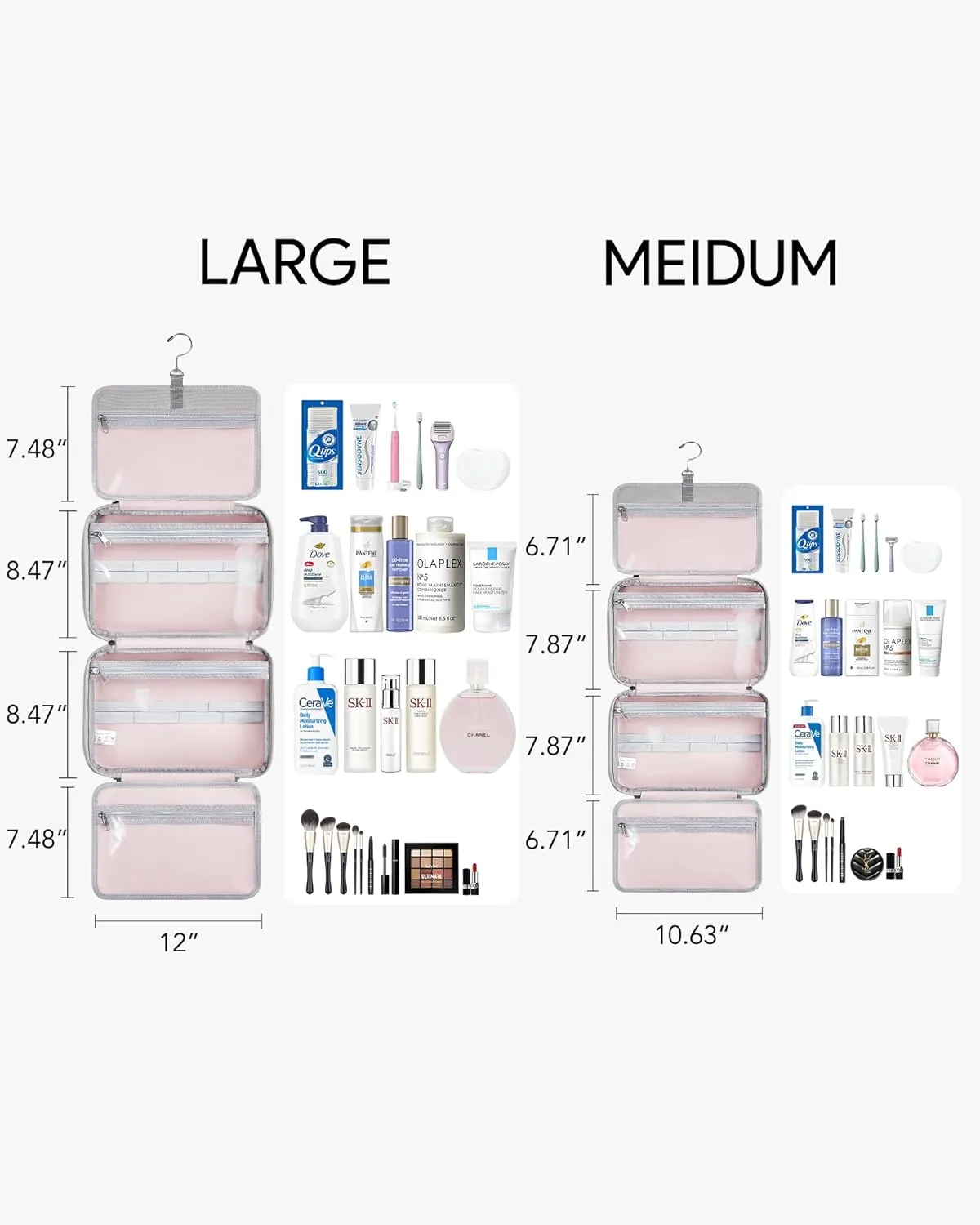 OlarHike Travel Toiletry Hanging Bag Waterproof, Makeup bag, Toiletries, Jewelry, Cruise Essentials 3 in 1 Packing Organizers, Cosmetic Travel-Sized Container, Medium for Women Light Grey