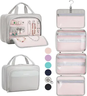 OlarHike Travel Toiletry Hanging Bag Waterproof, Makeup bag, Toiletries, Jewelry, Cruise Essentials 3 in 1 Packing Organizers, Cosmetic Travel-Sized Container, Medium for Women Light Grey