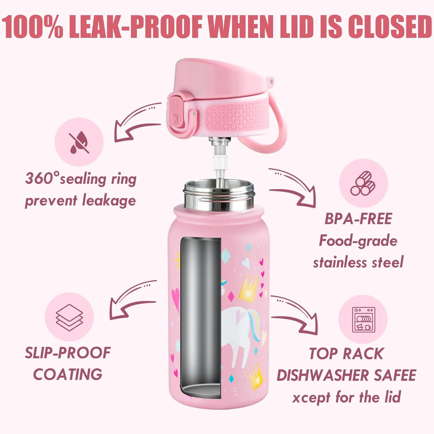 OLDLEY 12oz Kids Water Bottle, Stainless Steel Insulated Water Bottle For Kids, With Straws Leak-proof, Kids Water Bottles For School Boys Girls,Unicorn
