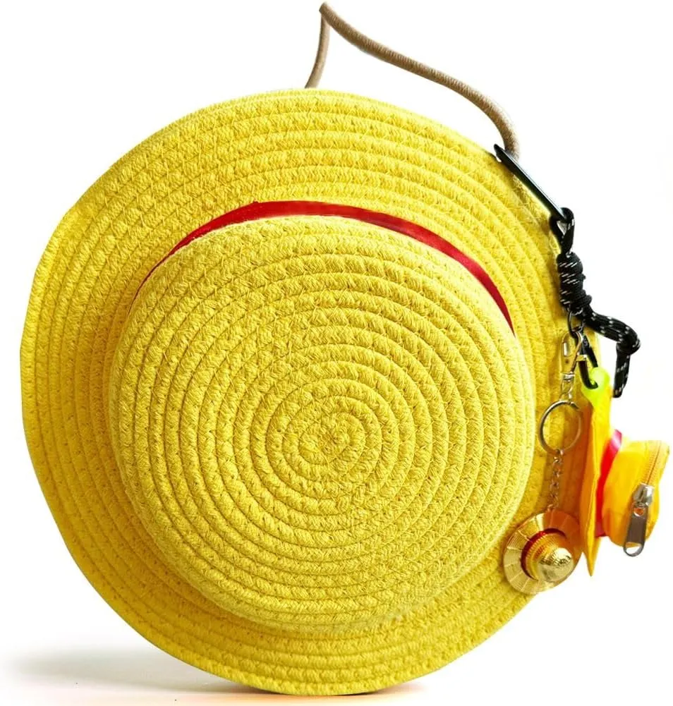 ONEPIECE Straw Hat Shape Backpack Set, Great Gift Set for OP Fan, (Straw Hat Theme 4 PCS: Backpack   Key Case   Key Chain  Pin) Casual Daypack Backpacks Crossbody Bags