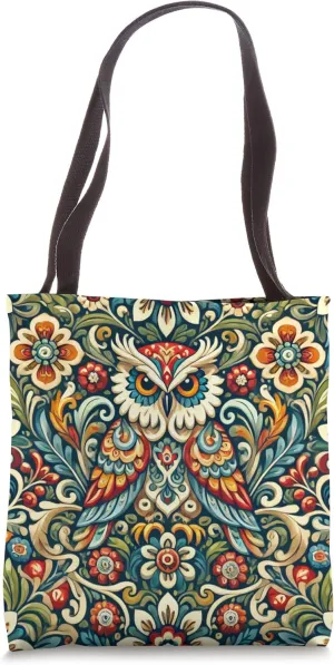 Owl Folk Art Pattern Vibrant Floral & Folk Motifs Tote Bag