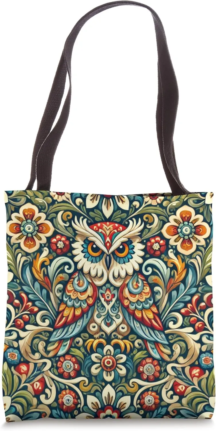 Owl Folk Art Pattern Vibrant Floral & Folk Motifs Tote Bag
