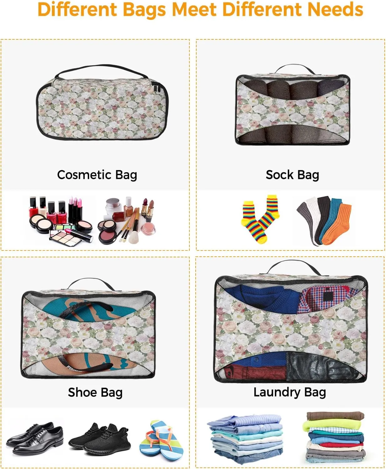 Packing Cubes for Travel, 4 Set Travel Packing Organized Cubes Floral Plant Leaves Hand Painted Style Linen Texture Waterproof Luggage Organizer Shoe Bag Travel Accessories for Carry On Suitcases
