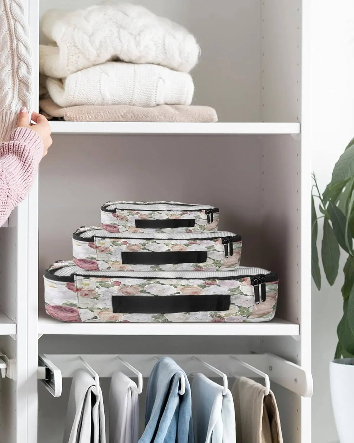Packing Cubes for Travel, 4 Set Travel Packing Organized Cubes Floral Plant Leaves Hand Painted Style Linen Texture Waterproof Luggage Organizer Shoe Bag Travel Accessories for Carry On Suitcases
