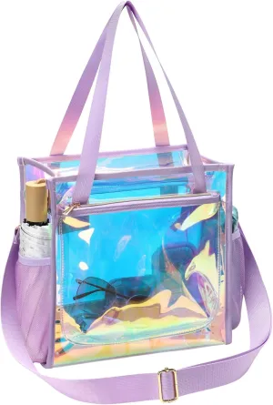 PACKISM Holographic Clear Tote Bag Stadium Approved - Clear Tote Bags for Women 12×6×12 inch, Quick Pass for Work Stadiums Concerts Events, Iridescent Purple