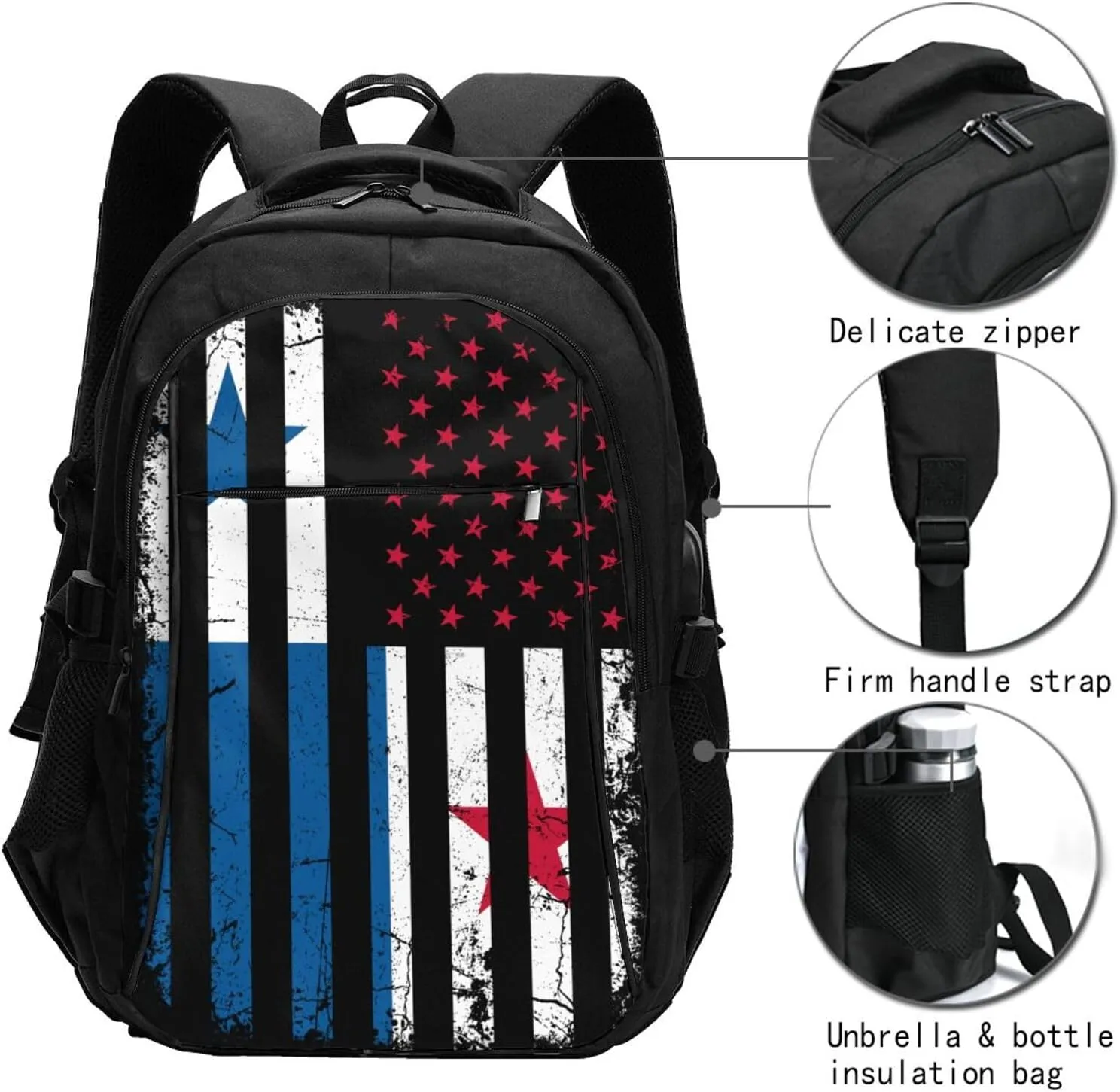 Panamanian American Flag Panama America Roots Casual Travel Backpacks Hiking Camping Backpack Large Outdoor Sport Daypack Laptop Rucksack Climbing Working Bags with USB Port