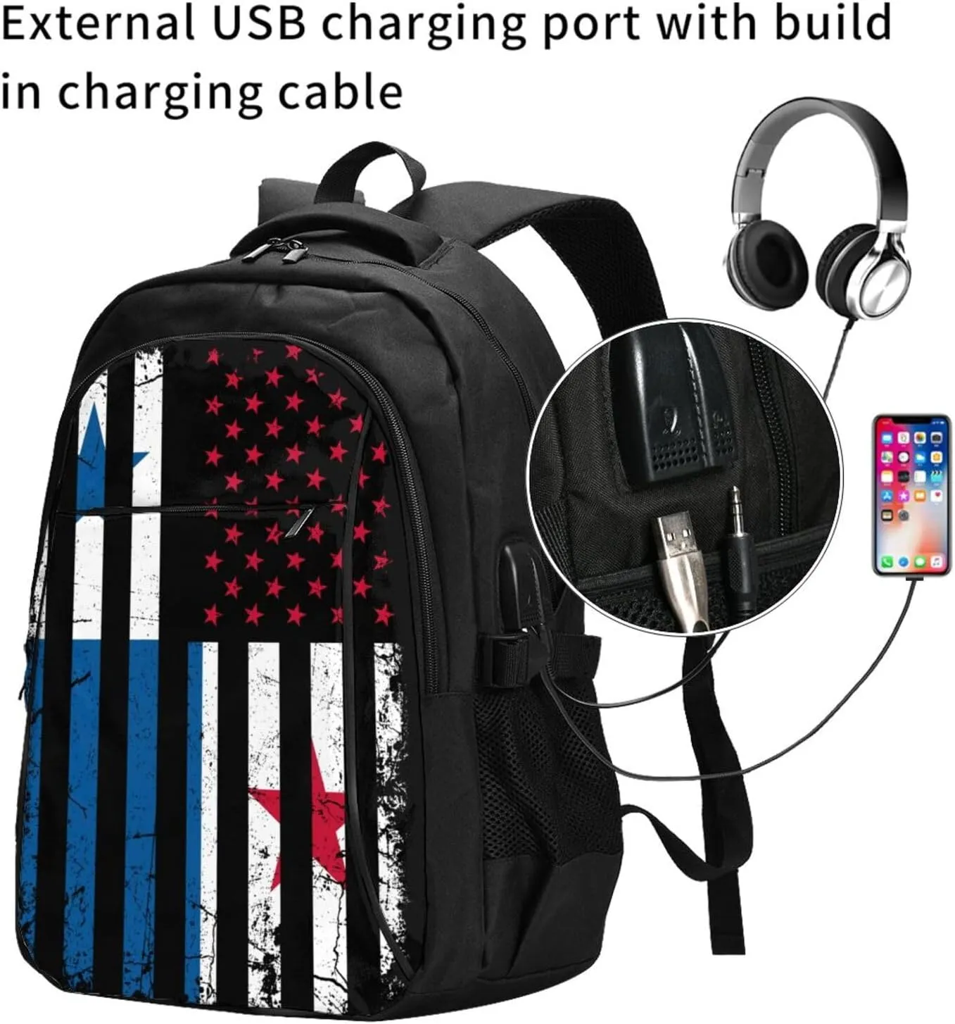 Panamanian American Flag Panama America Roots Casual Travel Backpacks Hiking Camping Backpack Large Outdoor Sport Daypack Laptop Rucksack Climbing Working Bags with USB Port
